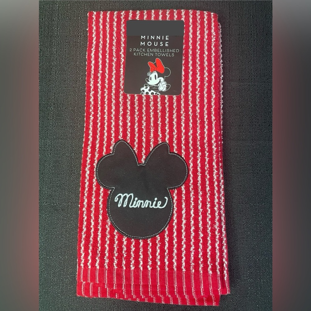 Minnie Mouse Kitchen Towel Set 2 ct Red White w/Black Silhouette Embroidered NWT